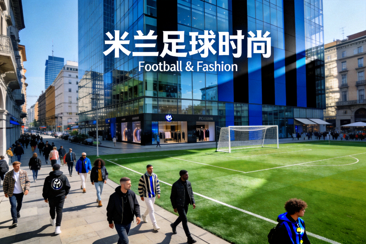 米兰足球时尚品牌主视觉展示，融合足球场与都市时尚元素的场景图片